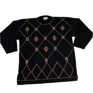 VTG 80s Faralee Sweater Women's XL Black Beaded Whimsigoth Art Deco Holiday Boho
